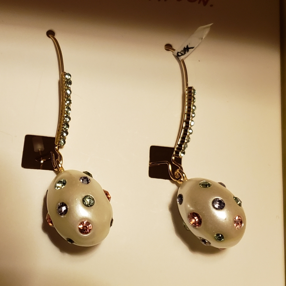 Faux pearl earrings dotted with colored crystals w/box!